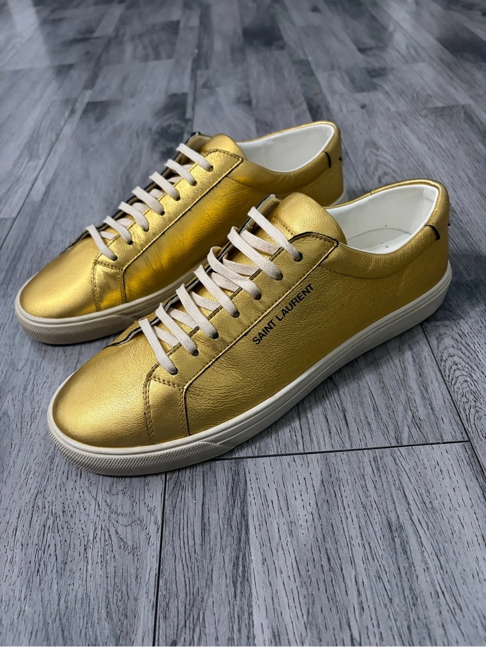 Saint Laurent Andy Metallic Gold Low-Top Sneakers with White Laces